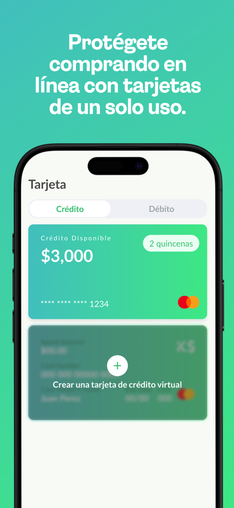 KabCash app interface showing a virtual credit card with 3000 dollars available credit and a button to create new virtual cards