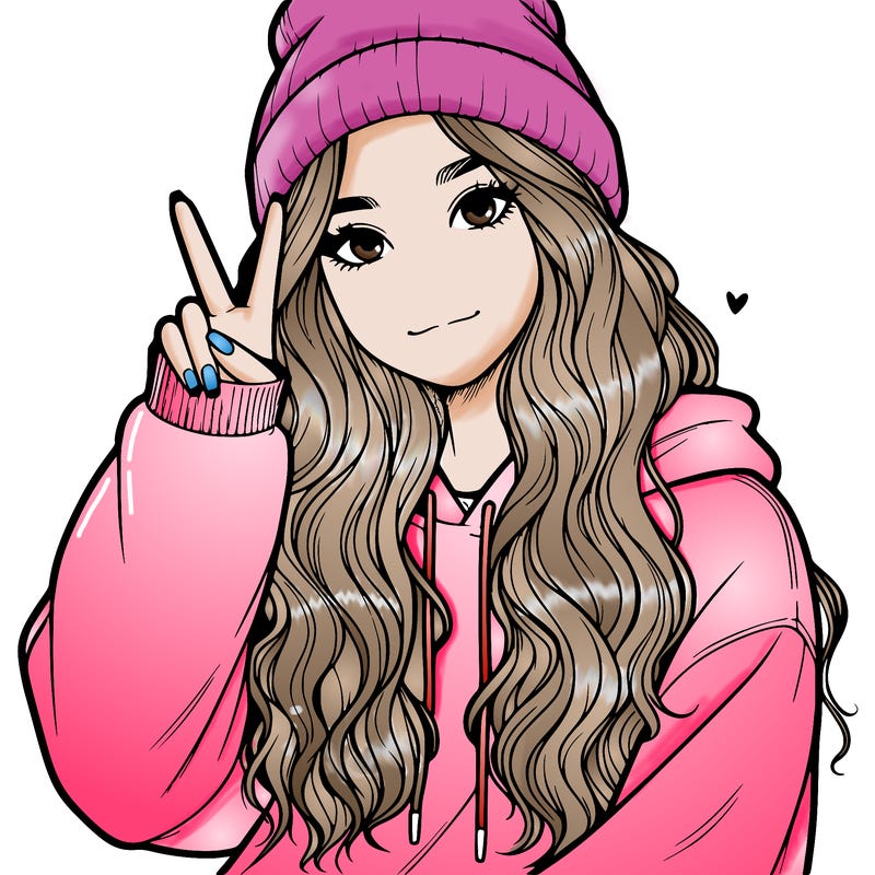 a teenage girl in a beanie, oversized sweatshirt, wavy long hair, and is showing a ✌️
