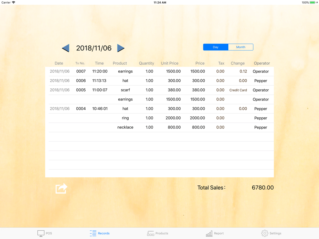 Sales transaction records screen in the POS S Pro app showing daily sales for boutique items