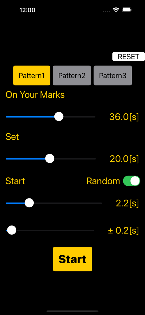 Start Practice ~Track&Field~ - Configuration screen of a sprint start simulator app showing adjustable timing sliders for On Your Marks and Set commands