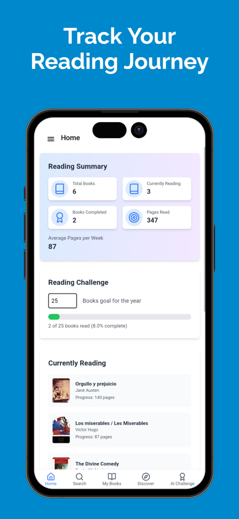 Bookshelf Book Tracker - Pantalla de inicio de Bookshelf Book Tracker que muestra el resumen de lectura y los objetivos anuales