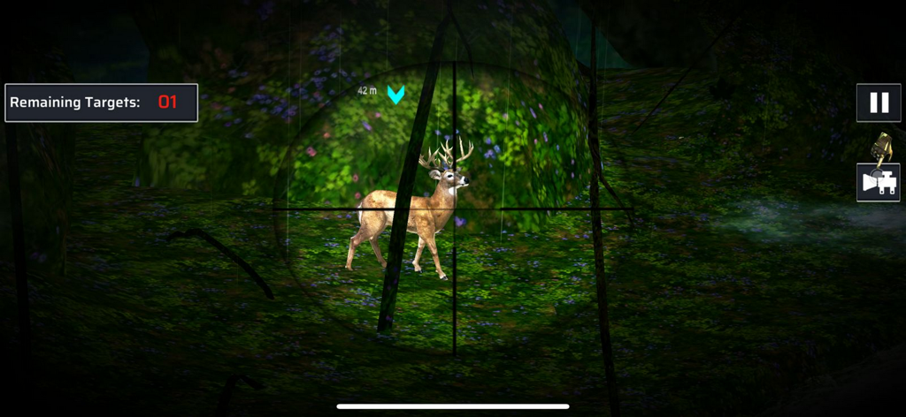 Animal Hunting: Forest Games - Un ciervo apuntado a través de la mira de un rifle en un entorno boscoso