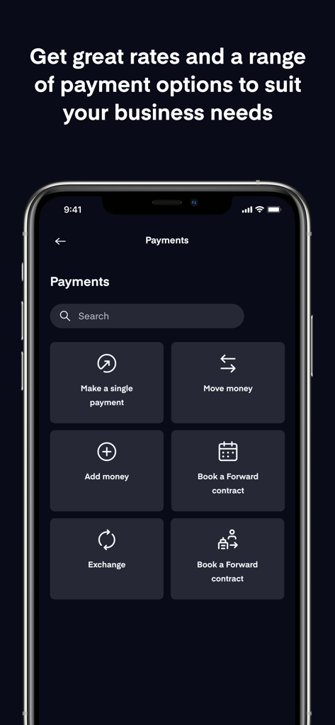 Equals Money - Interface of the Equals Money app showing business payment and currency exchange options
