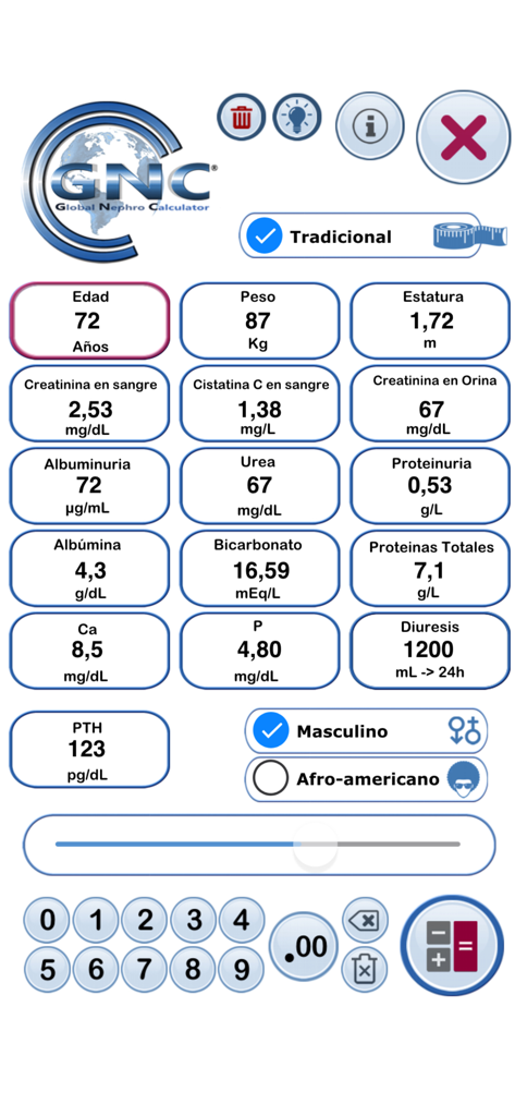 Global Nephro Calculator - グローバル腎臓計算機アプリのダッシュボード。腎機能評価のための様々な臨床パラメータが表示されています。