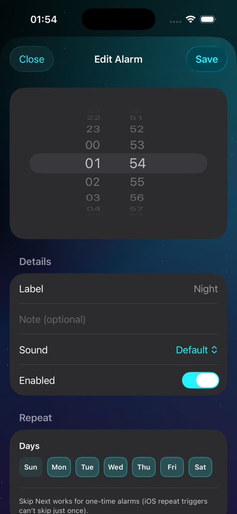 Alarm Clock – Loud Wake Up* - Interface for editing an alarm time, label, and weekly repeat settings in the Loud Wake Up app.