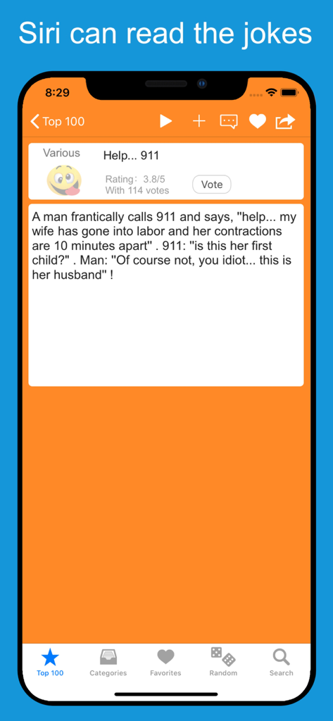 Funny Jokes, Stories & Puns - Captura de pantalla de la aplicación Funny Jokes mostrando un chiste sobre una llamada al 911 con un banner que explica que Siri puede leer los chistes en voz alta.