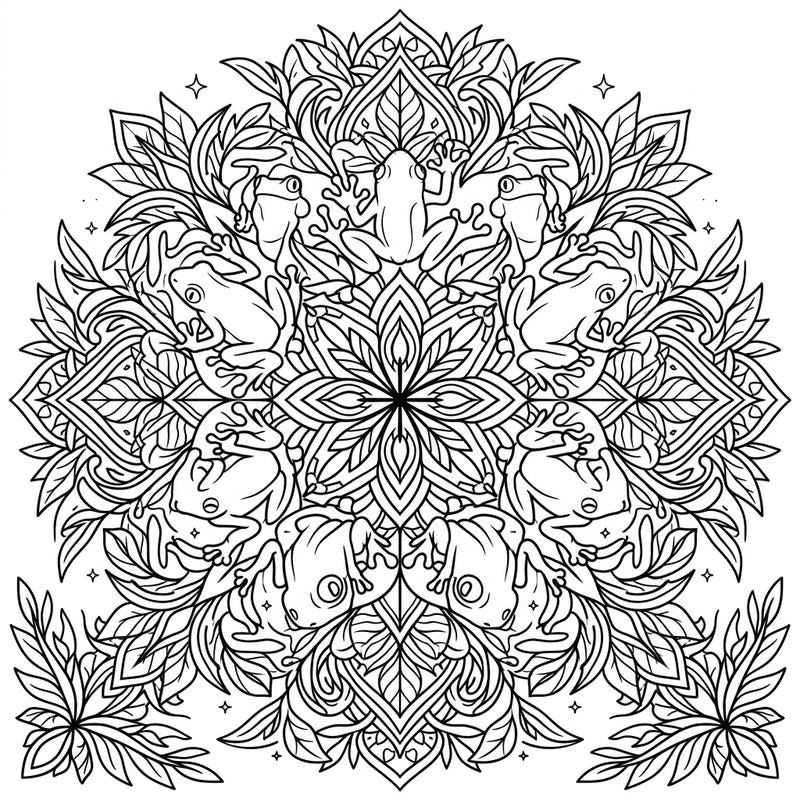 Immerse yourself in the captivating world of tree frogs with this stunning mandala coloring page. Its intricate design offers a delightful challenge for colorists of all ages, blending nature's beauty with meditative patterns.