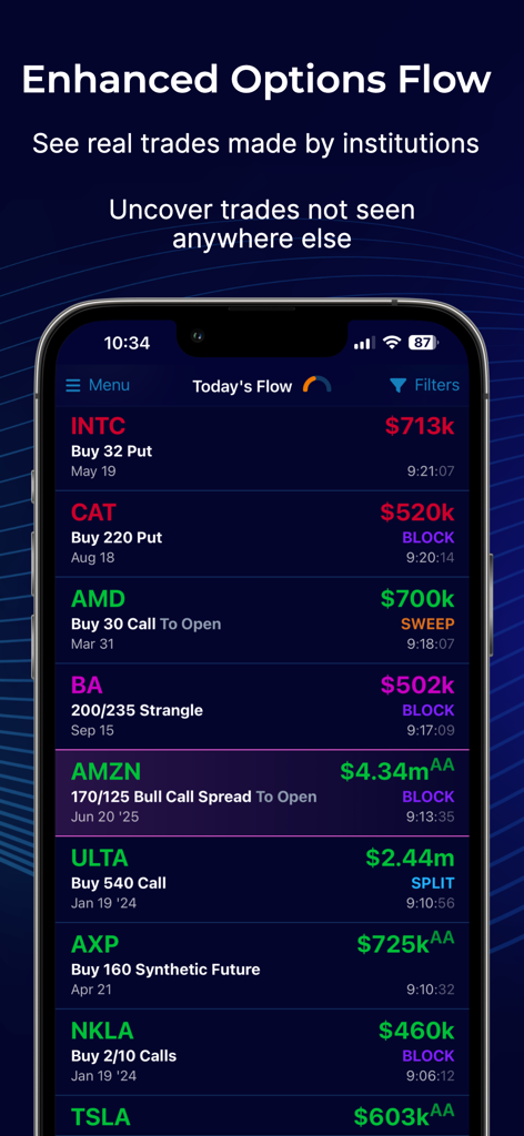 OptionStrat: Options Toolkit - 티커 및 거래 가치가 있는 실제 기관 옵션 흐름을 보여주는 모바일 인터페이스