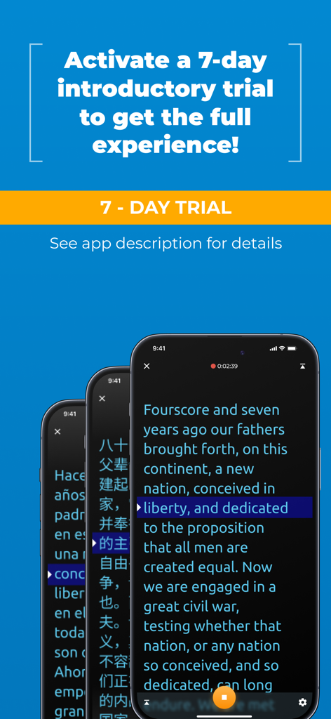 PromptSmart plus teleprompter app 7-day trial promotion showing multi-language scripts on mobile devices