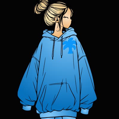 realistic girl with a oversized sweatshirt on and a bun