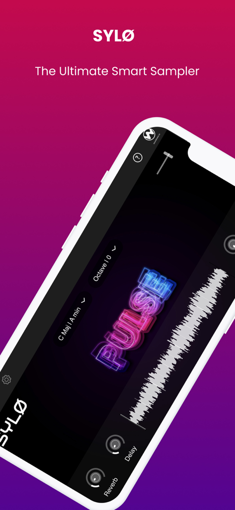SYLO - AUV3 Sample Library - SYLO mobile app interface showing the smart sampler features including audio waveforms and effect controls for reverb and delay