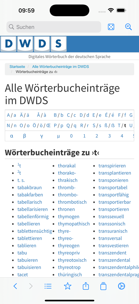 DWDS - A list of German dictionary entries starting with the letter T in the DWDS app