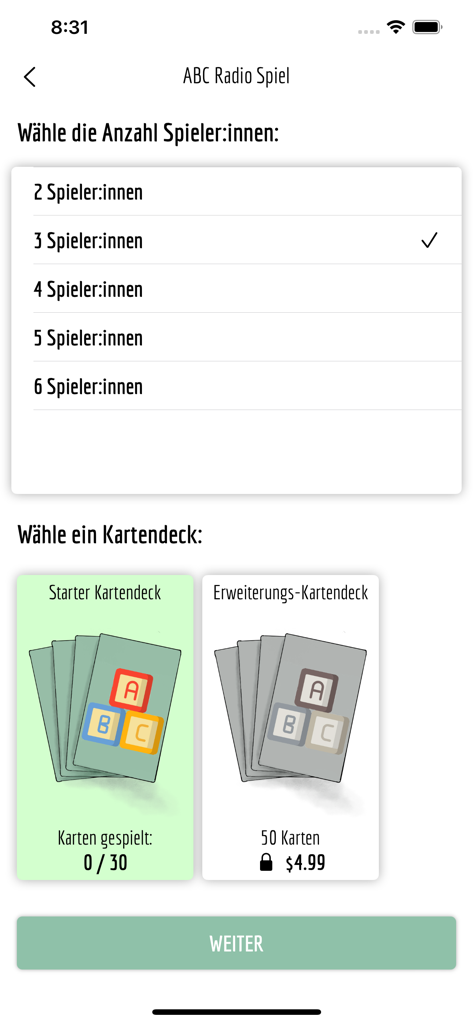 ABC Radio Spiel (Schweizer Ed) - ABCラジオシュピール用のゲームセットアップ画面。プレイヤー数選択とカードデッキオプションを表示。