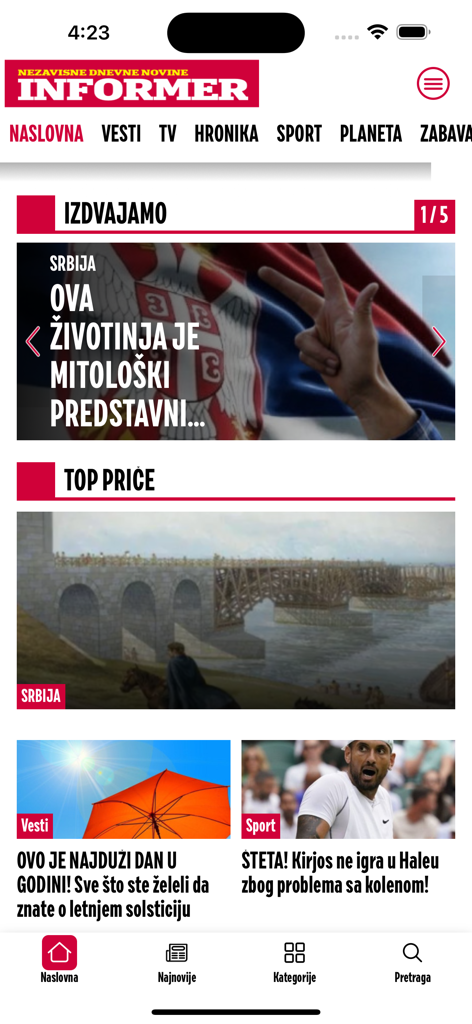 Informer novine - Home screen of the Informer novine mobile app featuring Serbian news headlines and sports updates.