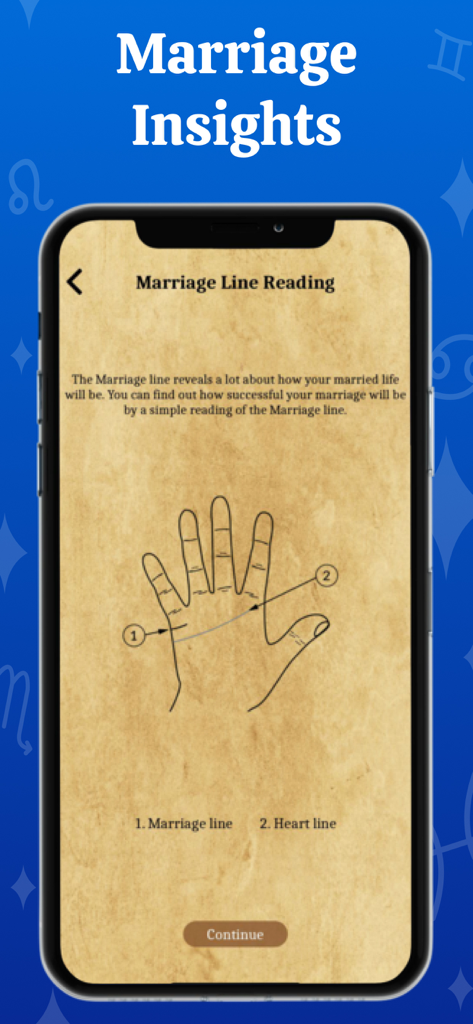 結婚線と感情線を示す手のひら図を示すPalm Readerアプリの結婚線鑑定画面