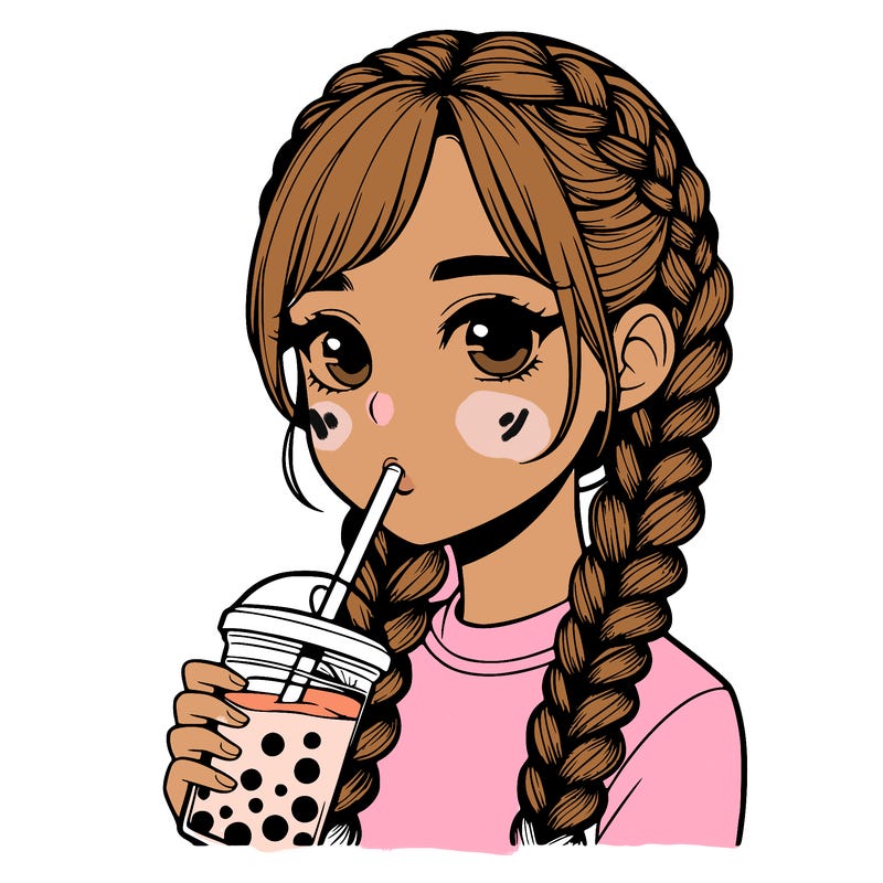 realistic girl with braided hair drinking boba