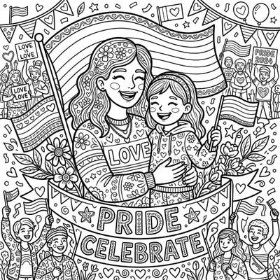 Embrace the spirit of love and family with this beautiful Parent & Child Pride Month coloring page. It's a heartwarming tribute to the bond between a parent and their child, set against a festive backdrop of rainbows and celebration.