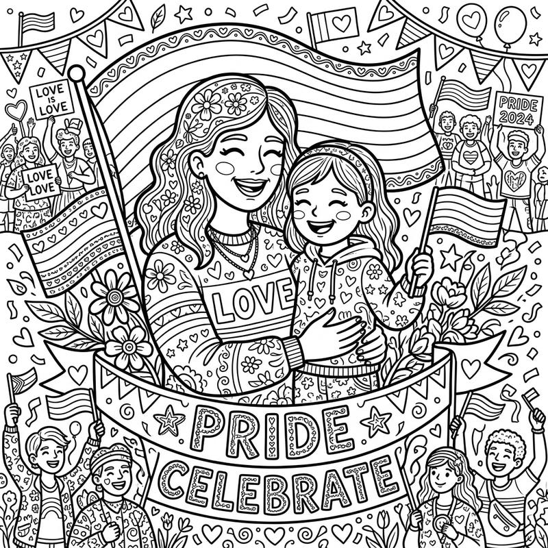 Embrace the spirit of love and family with this beautiful Parent & Child Pride Month coloring page. It's a heartwarming tribute to the bond between a parent and their child, set against a festive backdrop of rainbows and celebration.