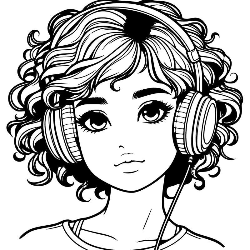 realistic girl with short curly hair wearing headphones