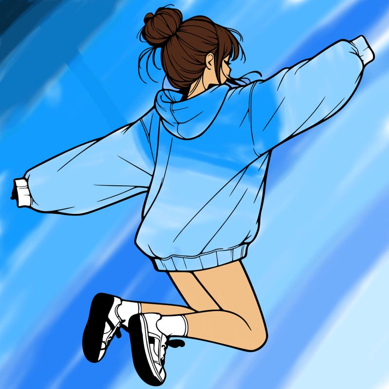 realistic girl jumping with a bun and oversized sweatshirt