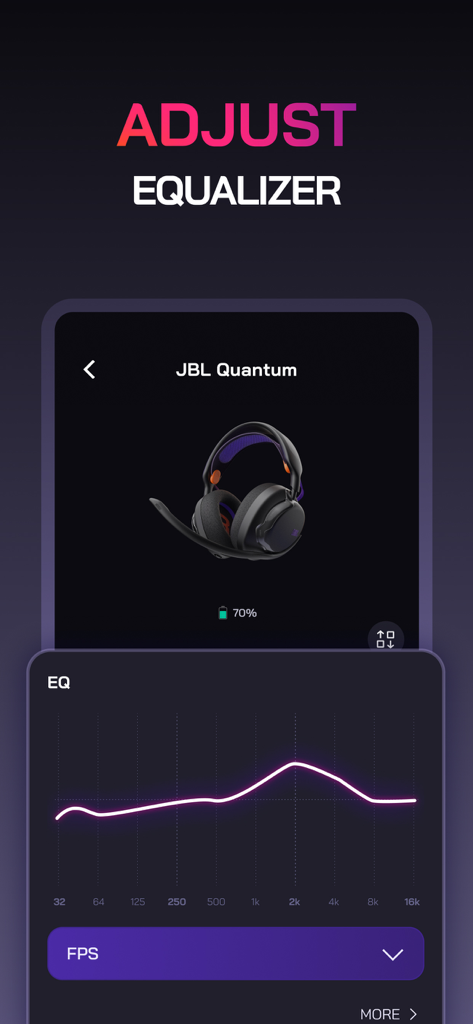 JBL Quantum - Mobile app interface showing the equalizer adjustment for a JBL Quantum gaming headset with an FPS preset