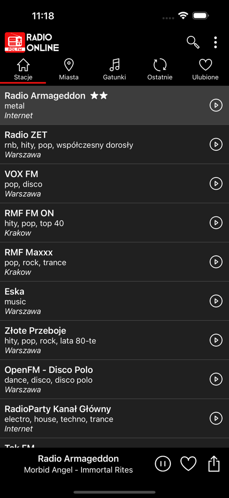 Radio Internetowe - Interface da aplicação Rádio por Internet apresentando uma lista de estações de rádio polacas populares com detalhes de localização e género