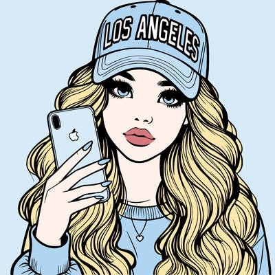 realistic beautiful girl wearing los ángeles cap holding an iphone