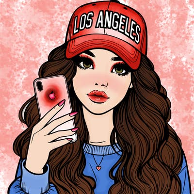 realistic beautiful girl wearing los ángeles cap holding an iphone
