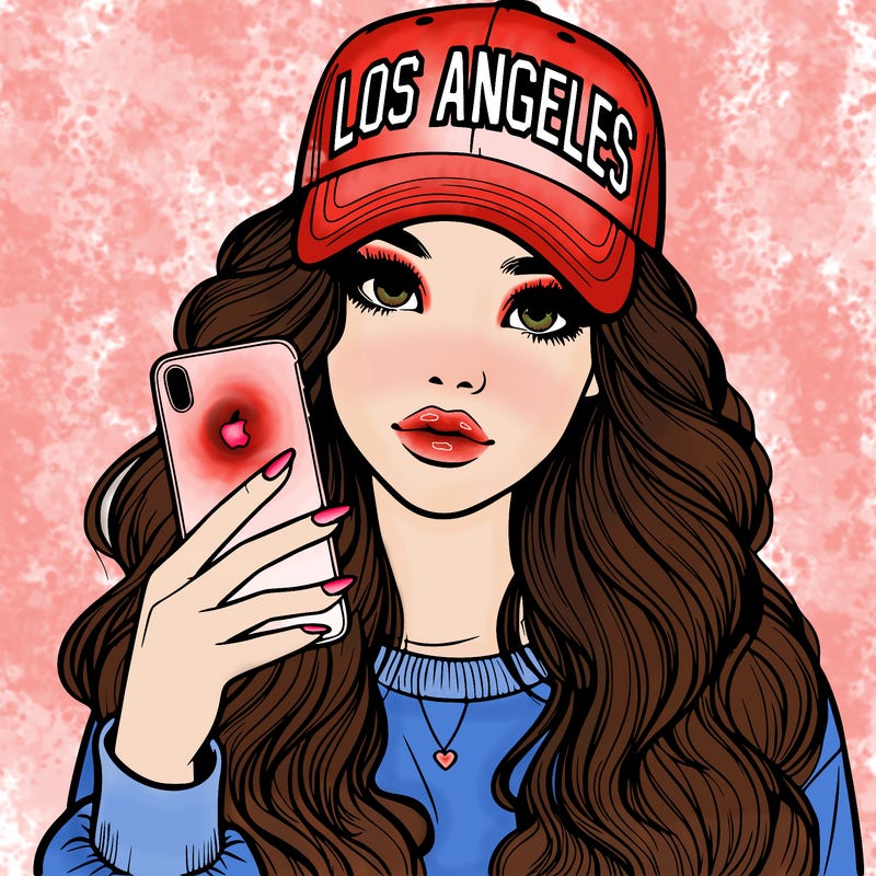 realistic beautiful girl wearing los ángeles cap holding an iphone