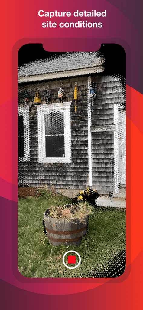 A 3D point cloud scan of a house exterior and wooden barrel being captured by the SiteScape app on a mobile device.