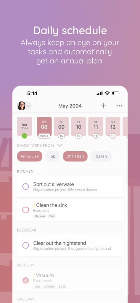 Cleaning Schedule: BeTidy - Daily cleaning schedule in the BeTidy app showing household tasks and family member assignments.