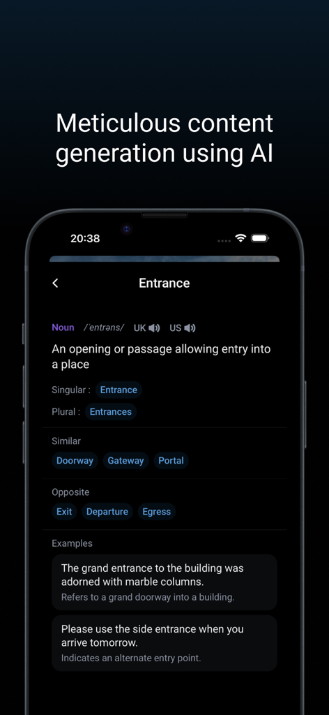Wordy AI Dictionary - Interface of the Wordy AI Dictionary app showing the word entrance with its definition synonyms and antonyms in dark mode