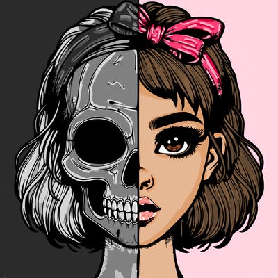realistic girl with half skull mask