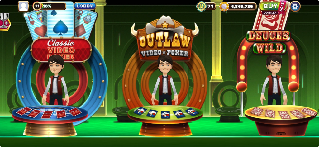 Grand Casino: Slots Games - Grand Casino app video poker selection screen showing Classic Outlaw and Deuces Wild games
