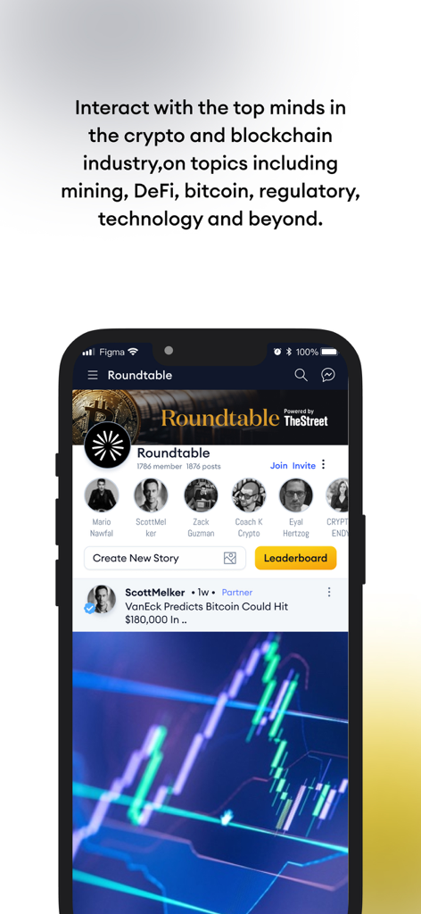 Roundtable (RTB) - Interfaz de la aplicación Roundtable con perfiles de expertos en criptomonedas y un feed de noticias de Bitcoin con predicciones de precios.