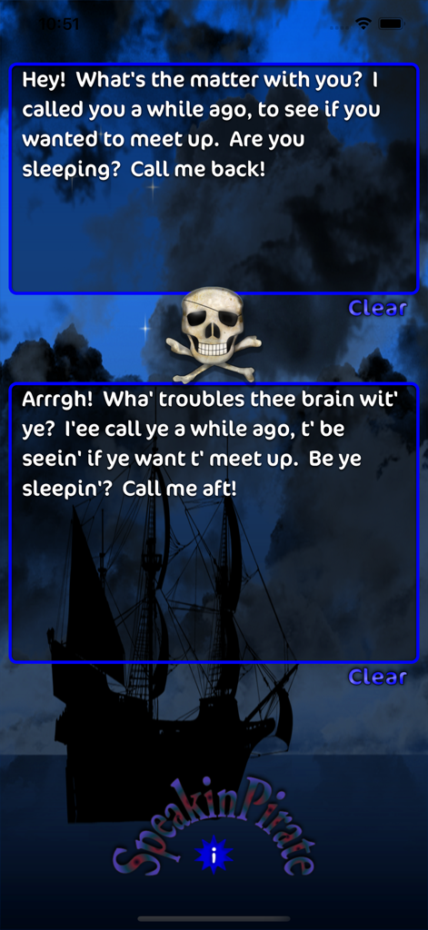 Speakin Pirate - Interface of the Speakin Pirate app showing a standard English text translated into pirate dialect against a ship silhouette background.