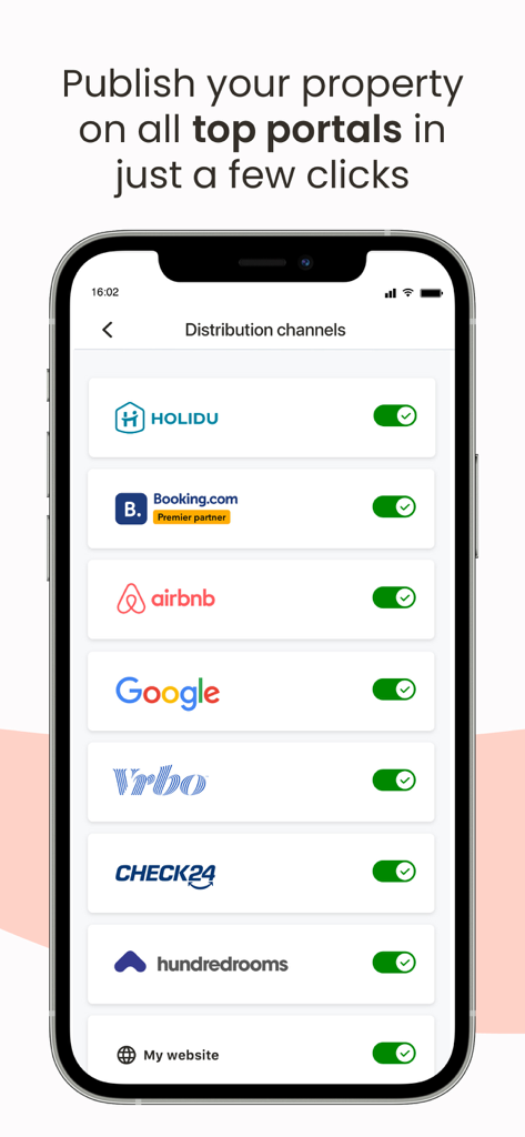 Application Holidu Host montrant les canaux de distribution de propriétés, y compris Airbnb, Booking.com et Vrbo