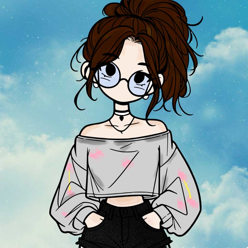 girl with a messy ponytail glasses a baggy crop top and jean shorts