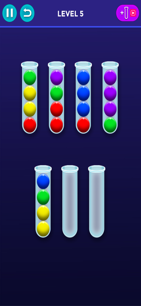 Ball Sort : Color Puzzle Game - Un niveau de puzzle dans Ball Sort Color Puzzle Game où des boules colorées sont triées dans des tubes en verre