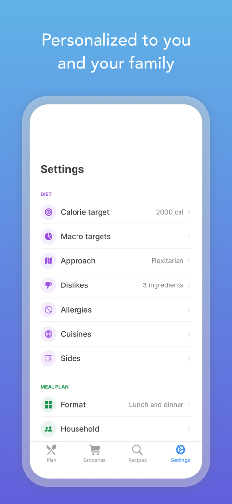 Personalisierte Diät- und Ernährungsplaneinstellungen in der Intent App, einschließlich Kalorien- und Makrozielen.