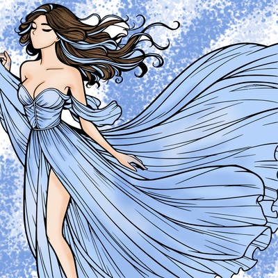 realistic woman in dress flowing the the wind