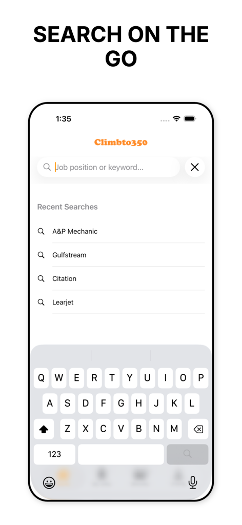 Interface de pesquisa móvel para empregos de aviação no aplicativo climbto350 mostrando pesquisas recentes para pilotos e mecânicos