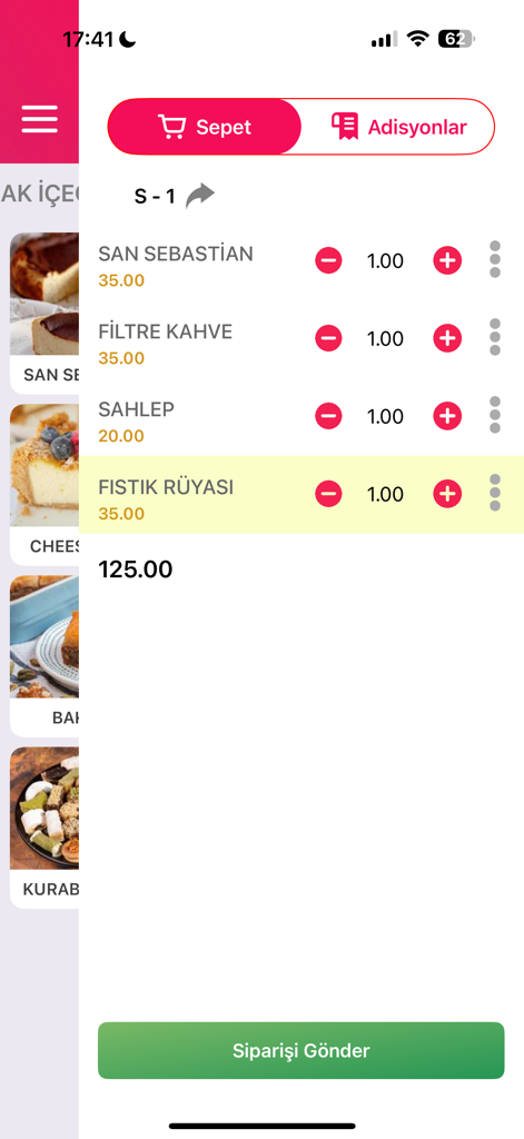 Menulux Garson - 항목과 주문 보내기 버튼이 있는 레스토랑 주문을 보여주는 Menulux Garson 앱 인터페이스