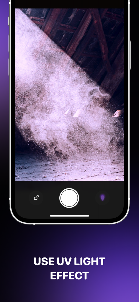 Magnifying Glass * Flashlight - A smartphone screen showing the UV light filter effect in the Magnifying Glass and Flashlight app