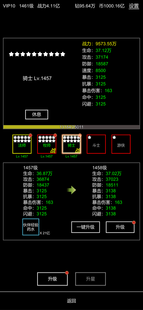 挂机模拟器 - Text-based RPG character status screen showing stats and level up options for a high-level knight