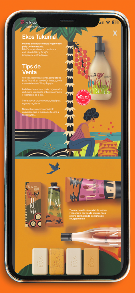 Mi Negocio Natura Bolivia - Captura de pantalla de los productos de belleza Ekos Tukuma y consejos de venta dentro de la app Mi Negocio Natura.