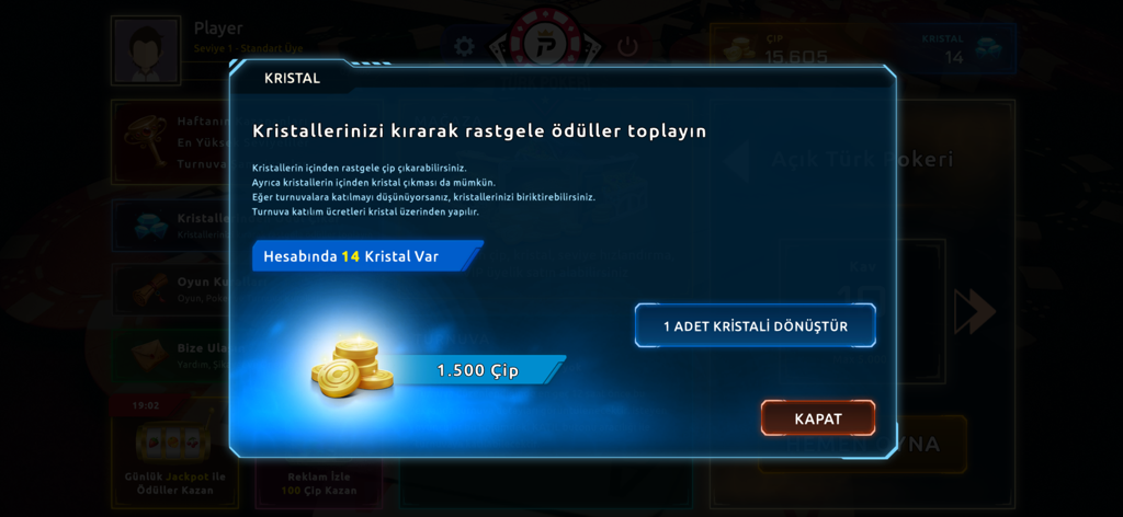 Turk Pokeri - Menu en jeu de l'application Turk Pokeri pour échanger des cristaux contre des jetons