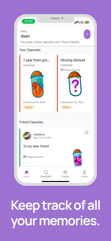 Dashboard of DearFuture time capsule app showing personal and friend memories