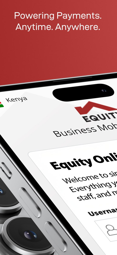 Equity Online for Business - Equity Online for Business mobile app welcome screen featuring the tagline Powering Payments Anytime Anywhere
