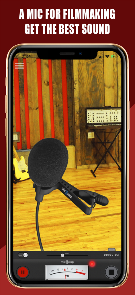 MicSwap Pro:  Microphone Sound - Interfaz de la aplicación MicSwap Pro mostrando un modelo de micrófono de solapa para cine.